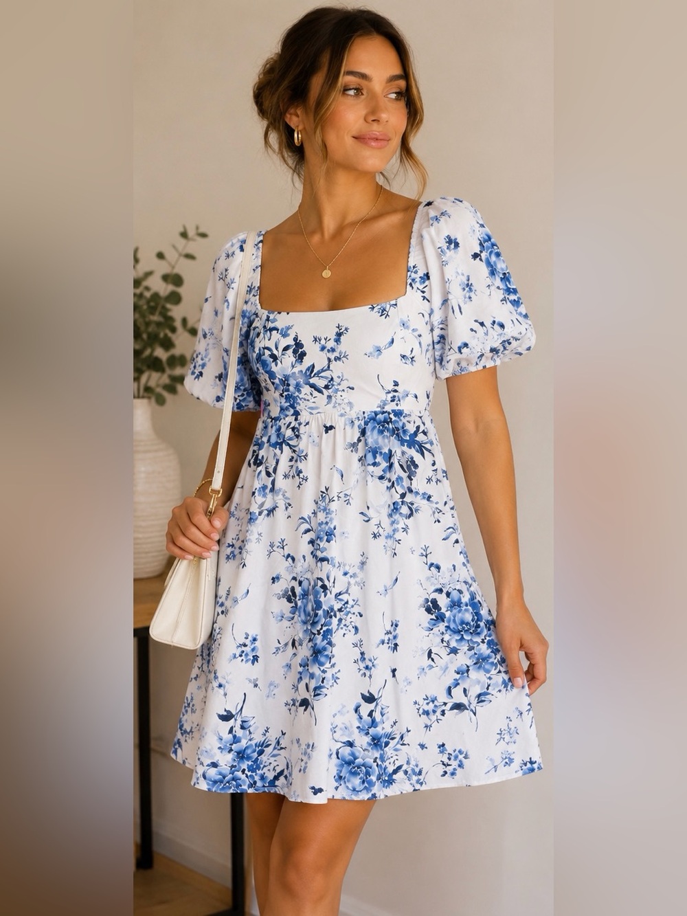 Altar’d State White Blue Floral Women’s Puff Sleeve Dress